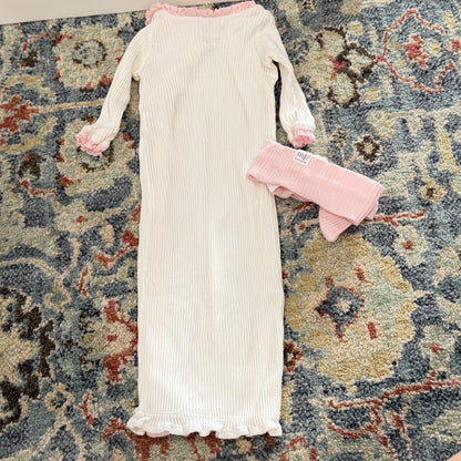 Mud Pie Hello World Sleeper Gown Girls 0-3M White Pink Ruffle Ribbed EUC6