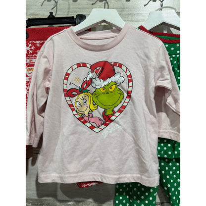 Holiday Bundle Girls 2T Pink Green Red Grinch Santa Just One You Pajamas EUC1