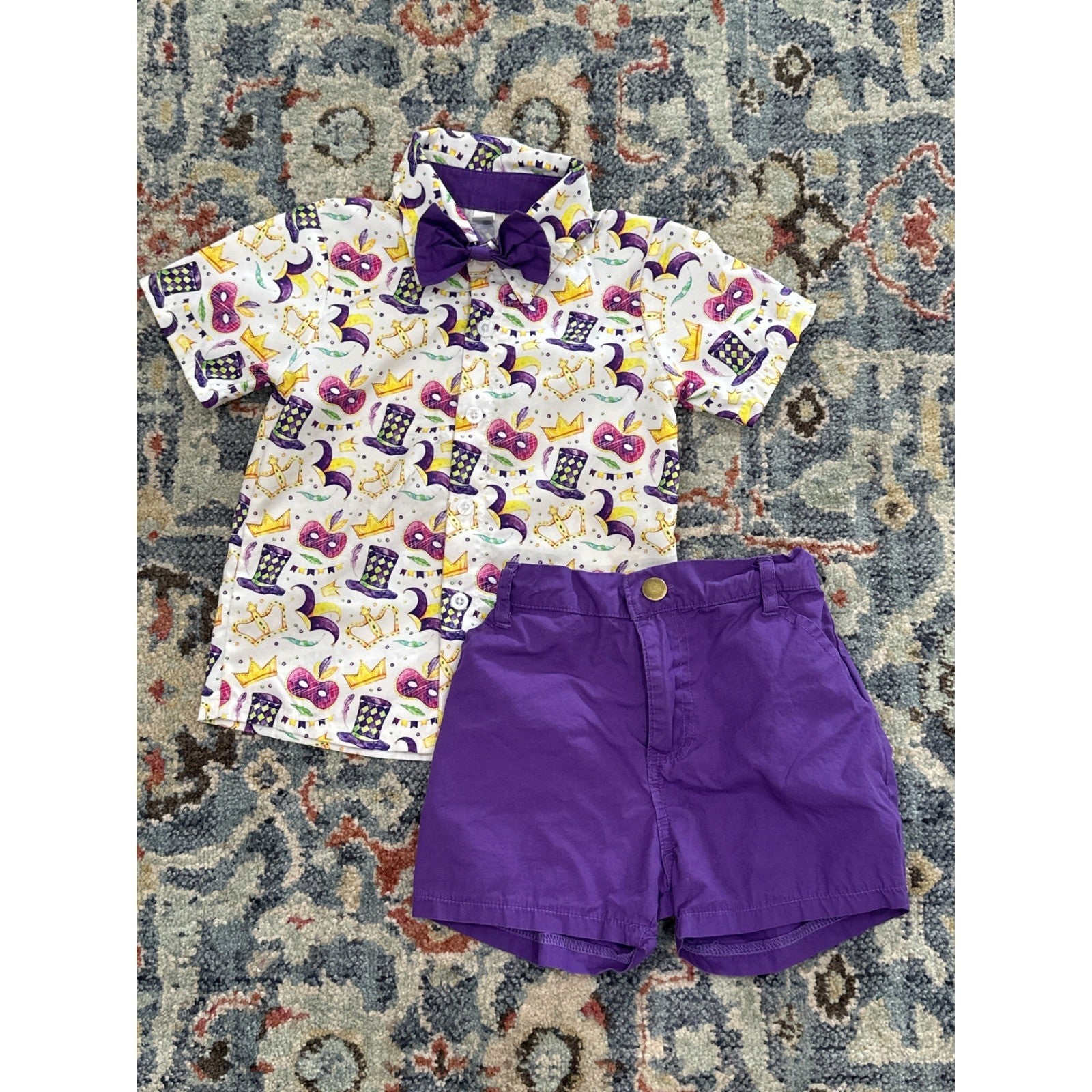 Mardi Gras Outfit Set Boys 2T/3T Purple Mask Crown Print0
