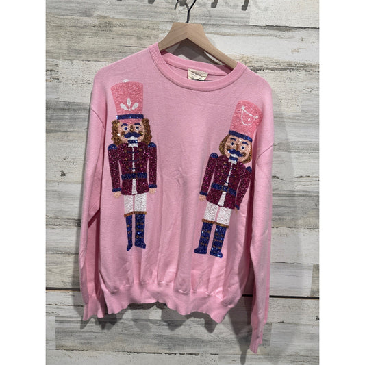 Fantastic Fawn Nutcracker Sweater Women Medium Pink Sequin Holiday Coquette0