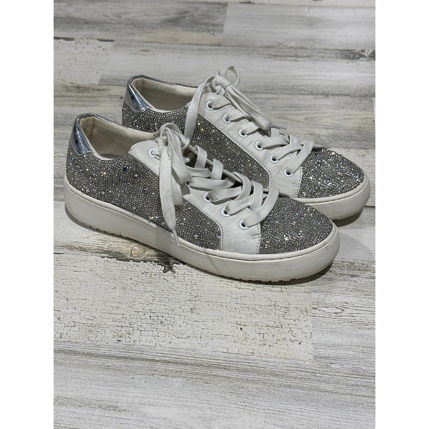 Steve Madden Sneaker Women 9 White Silver Rhinestone Low Top0