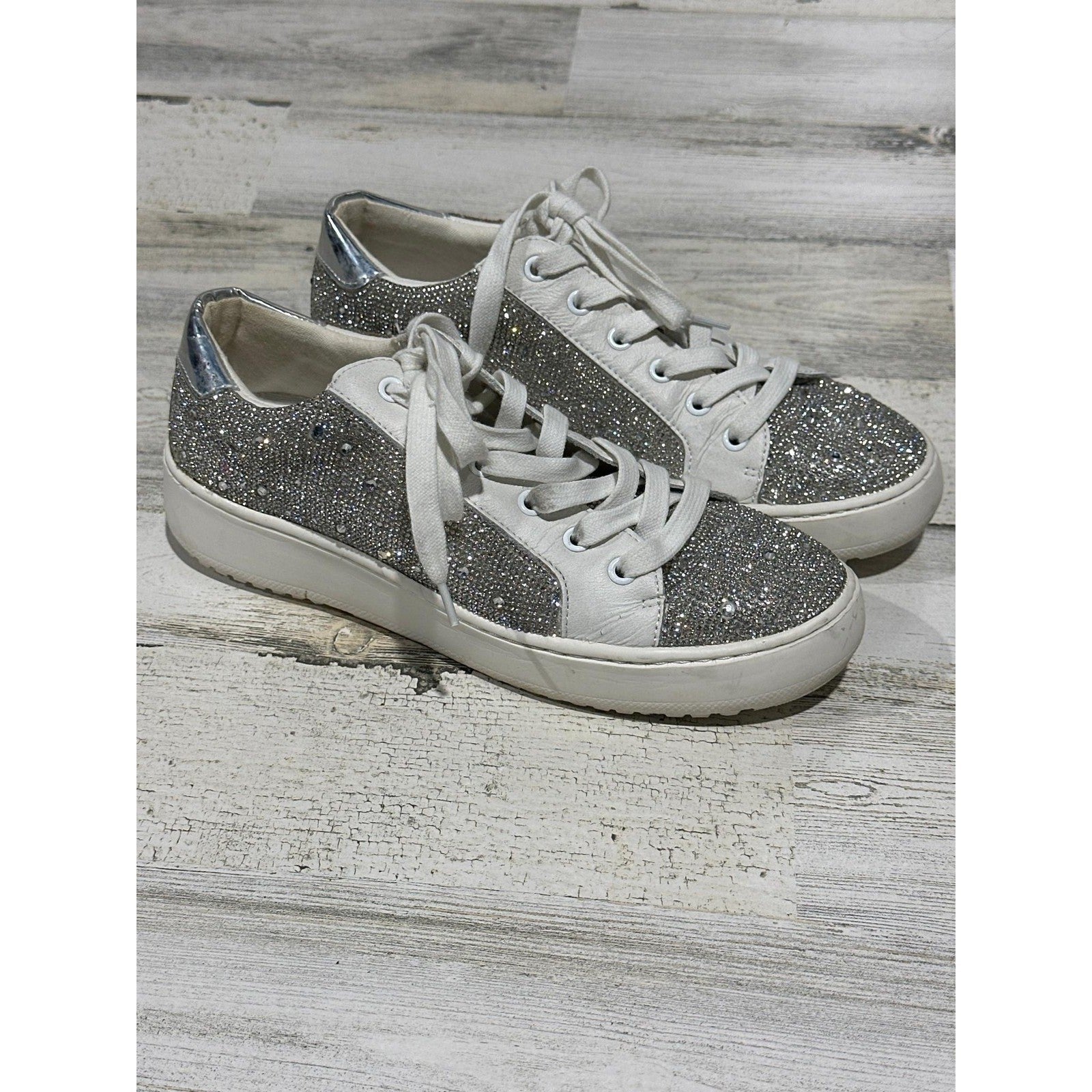 Steve Madden Sneaker Women 9 White Silver Rhinestone Low Top0