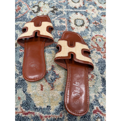 Shein Slide Sandals Women Size 9 Brown Raffia H-Strap Coastal EUC1