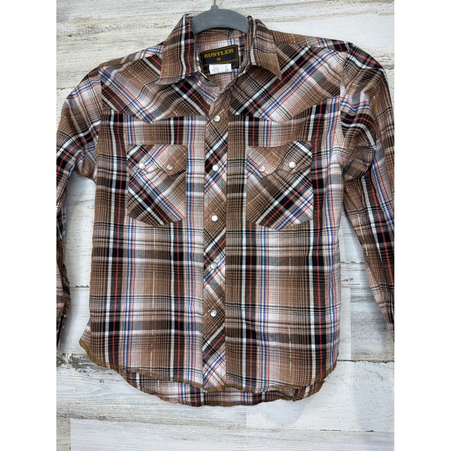 Rustler Pearl Snap Shirt Boys Medium Brown Plaid Silver Accent Westerncore EUC0