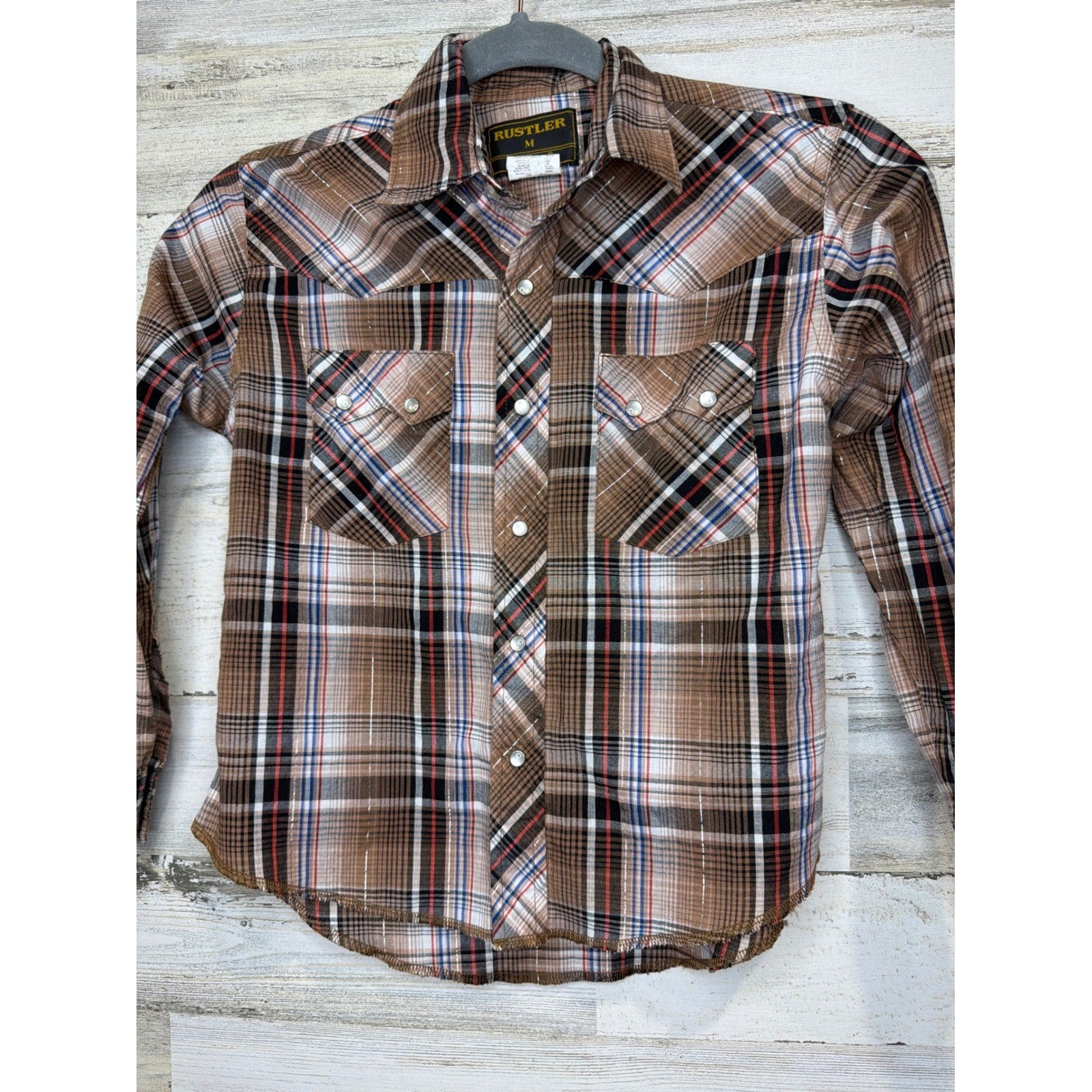 Rustler Pearl Snap Shirt Boys Medium Brown Plaid Silver Accent Westerncore EUC0