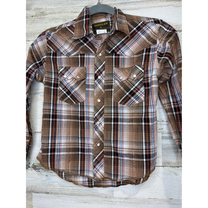 Rustler Pearl Snap Shirt Boys Medium Brown Plaid Silver Accent Westerncore EUC0