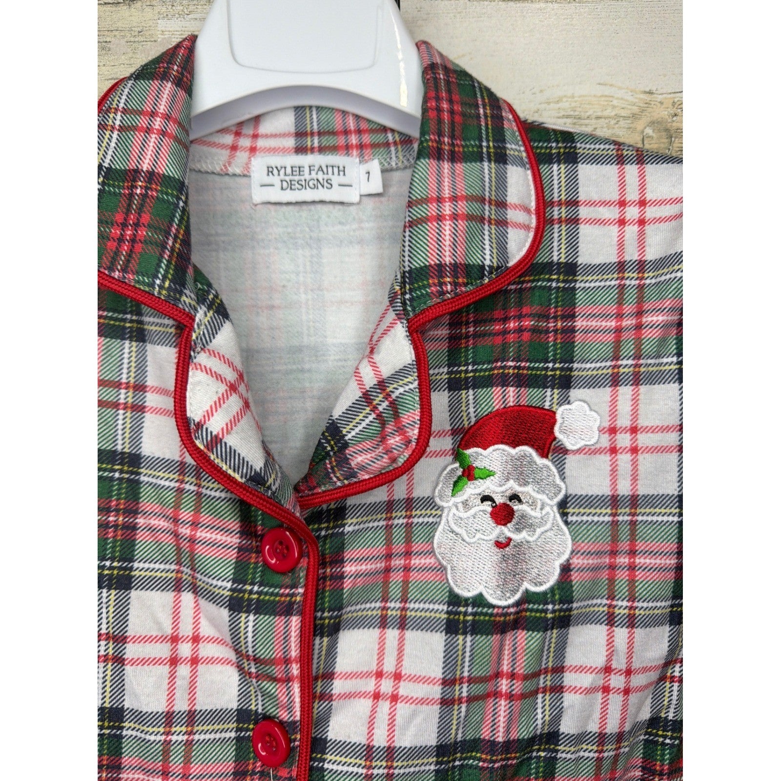 Rylee Faith Designs Pajama Set Kids 7 Red Plaid Santa Holiday1