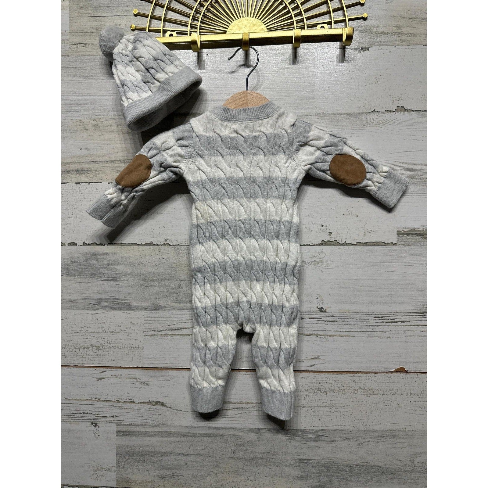 Hope & Henry Sweater Romper Boys 0-3M Gray Organic Cotton Cable Knit EUC3