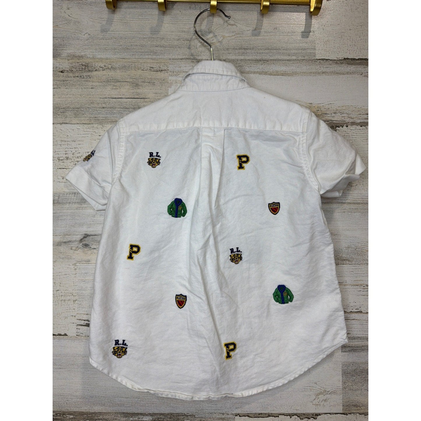 Ralph Lauren Button Down Boys 2T White Multi Logo Crest Varsity Preppy *Flawed2