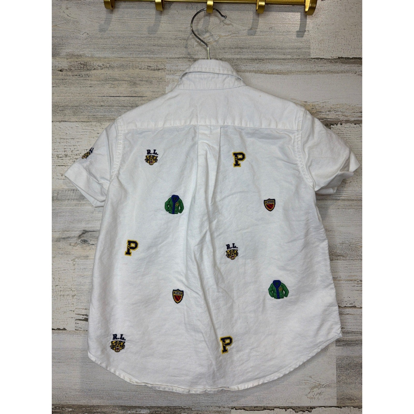 Ralph Lauren Button Down Boys 2T White Multi Logo Crest Varsity Preppy *Flawed2