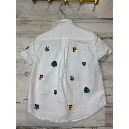 Ralph Lauren Button Down Boys 2T White Multi Logo Crest Varsity Preppy *Flawed2