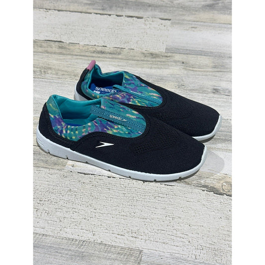 Speedo Water Shoes Girls 4/5 Black Teal Tie Dye Mesh Slip On EUC0