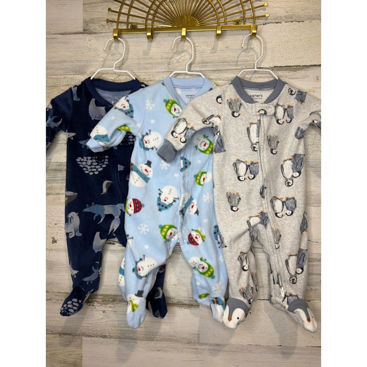 Carter's Fleece Sleepers Bundle Baby Boys 3M Blue Gray Penguin Snowman Winter0