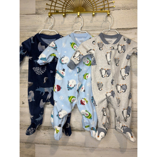 Carter's Fleece Sleepers Bundle Baby Boys 3M Blue Gray Penguin Snowman Winter0