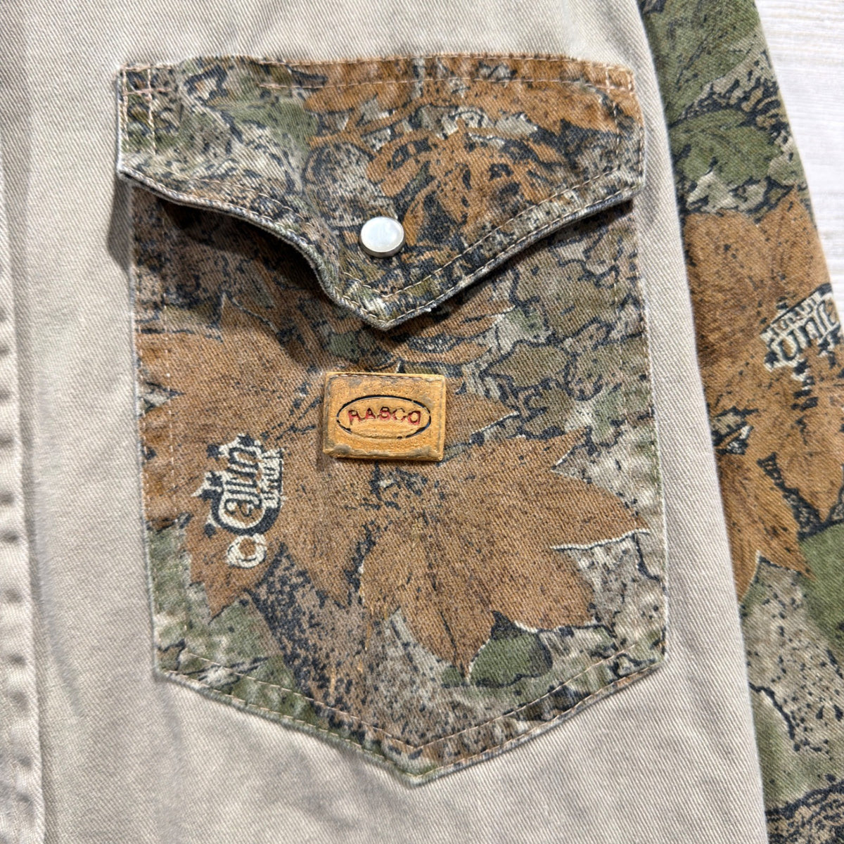 Rasco Cajun Camo Western Work Shirt Men Small Tan Green Pearl Snap Flawed*1