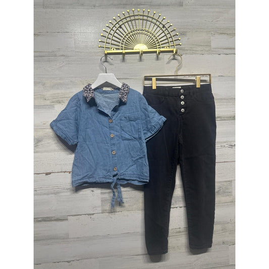 Jessica Simpson Osh Kosh Set Girls 8 Leopard Collar Tie Front Jeans EUC0