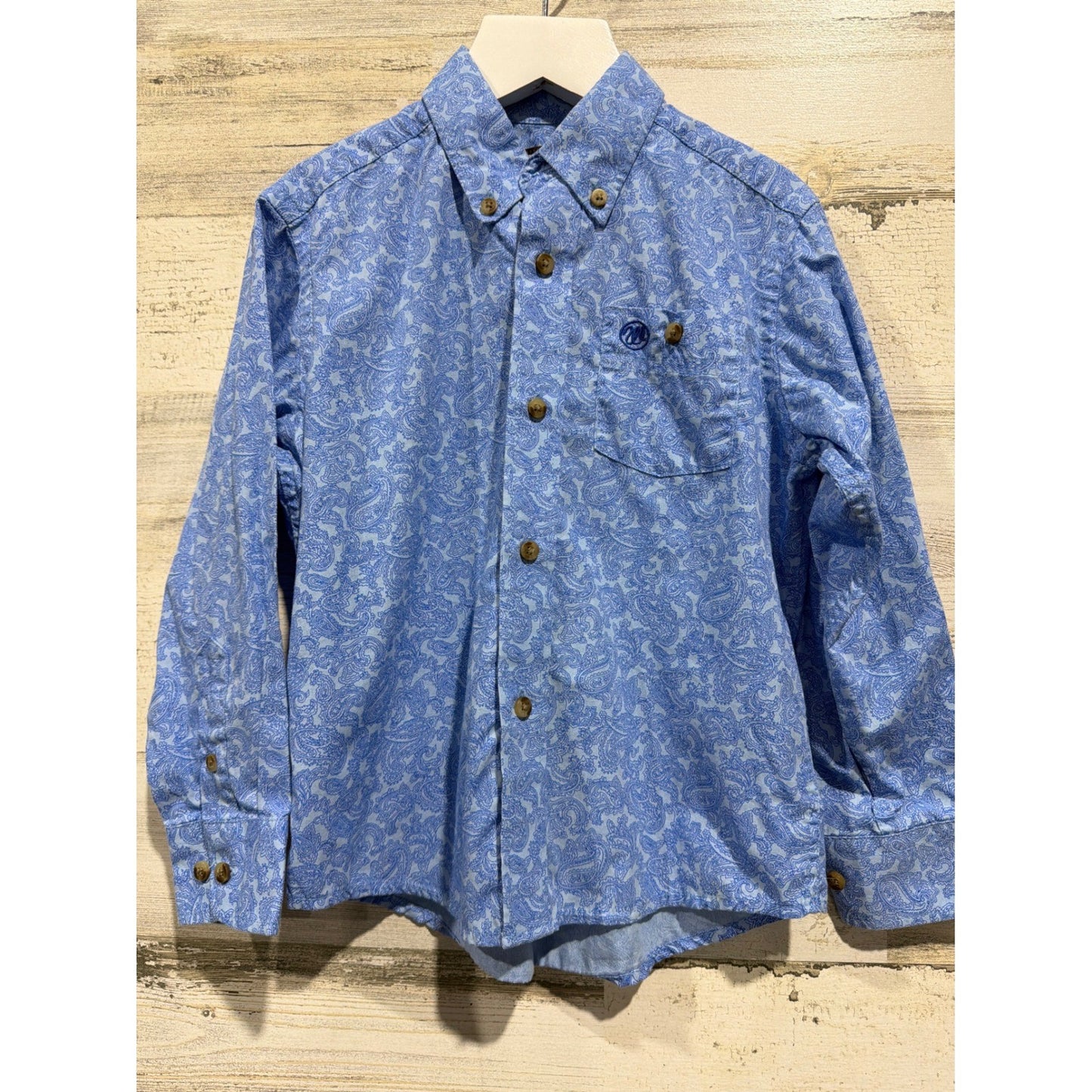 Wrangler Button Down Shirt Boys XS Blue Paisley Western Cowboy EUC0