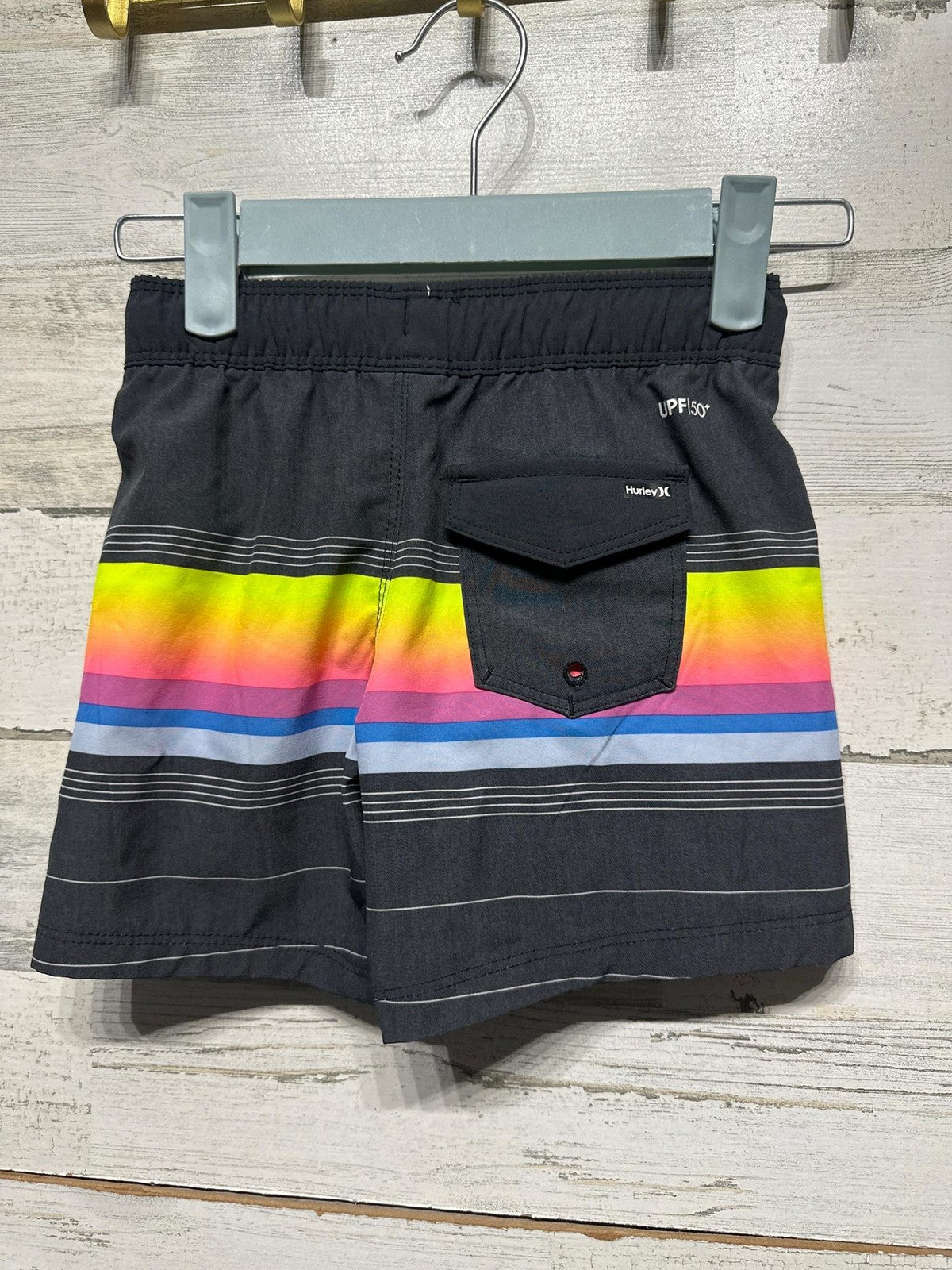Hurley Swim Trunks Boys Size 4 Black Rainbow Stripe UPF 50+ EUC1