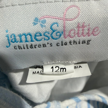 James & Lottie Seersucker Sunsuit Romper Baby 12M Blue White Striped Classic EUC3