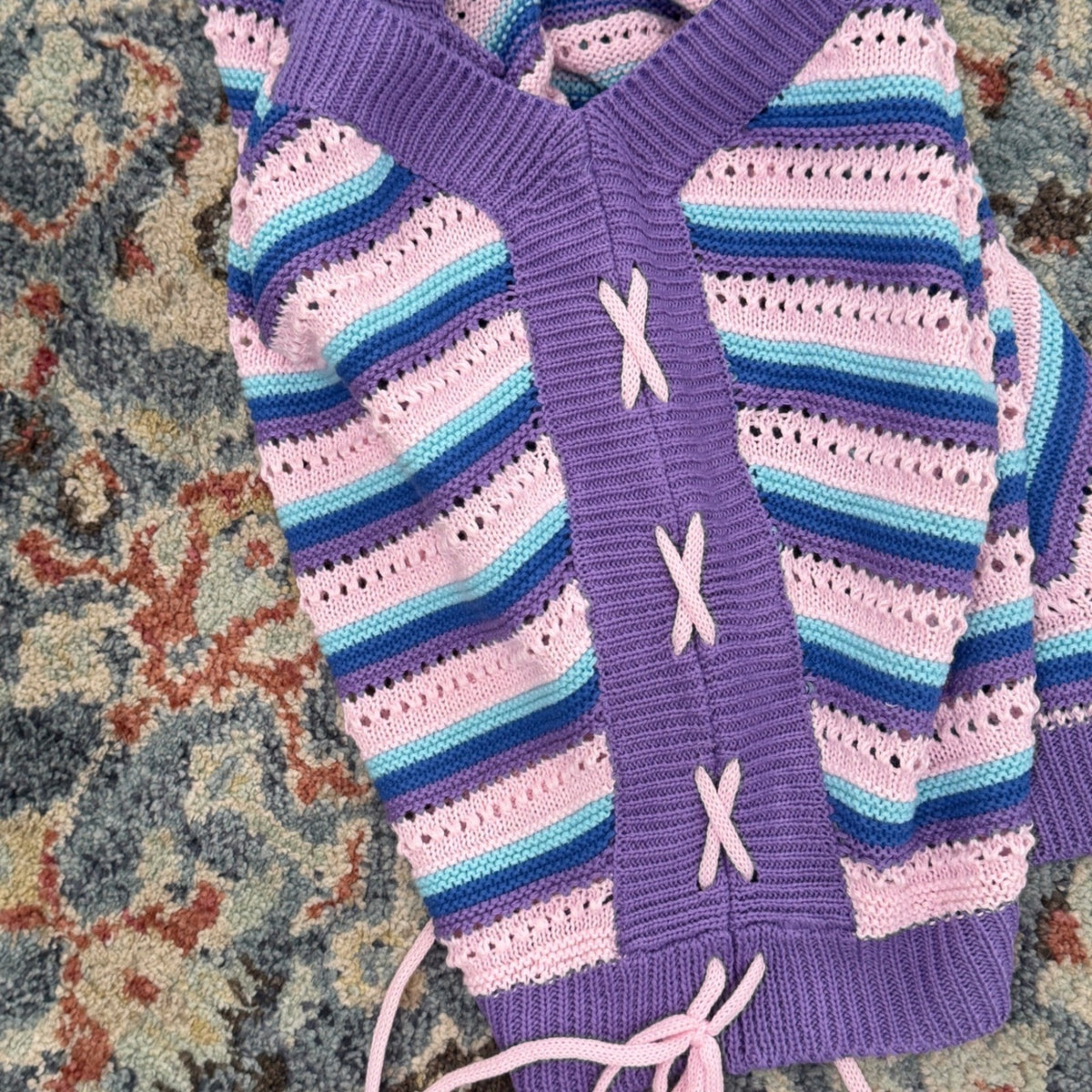 Davi & Dani Knit Tank Top Women XL Purple Chevron Lace Up Boho NWT3