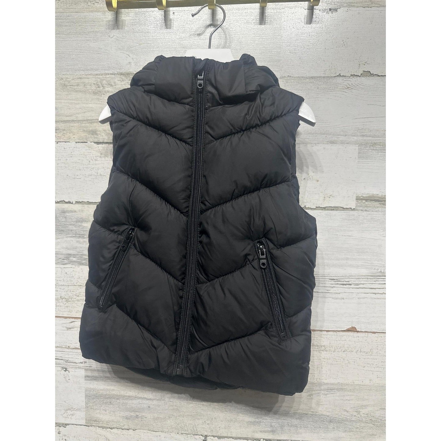 Zara Puffer Vest Kids Size 5 Black Chevron Quilted Hooded EUC1