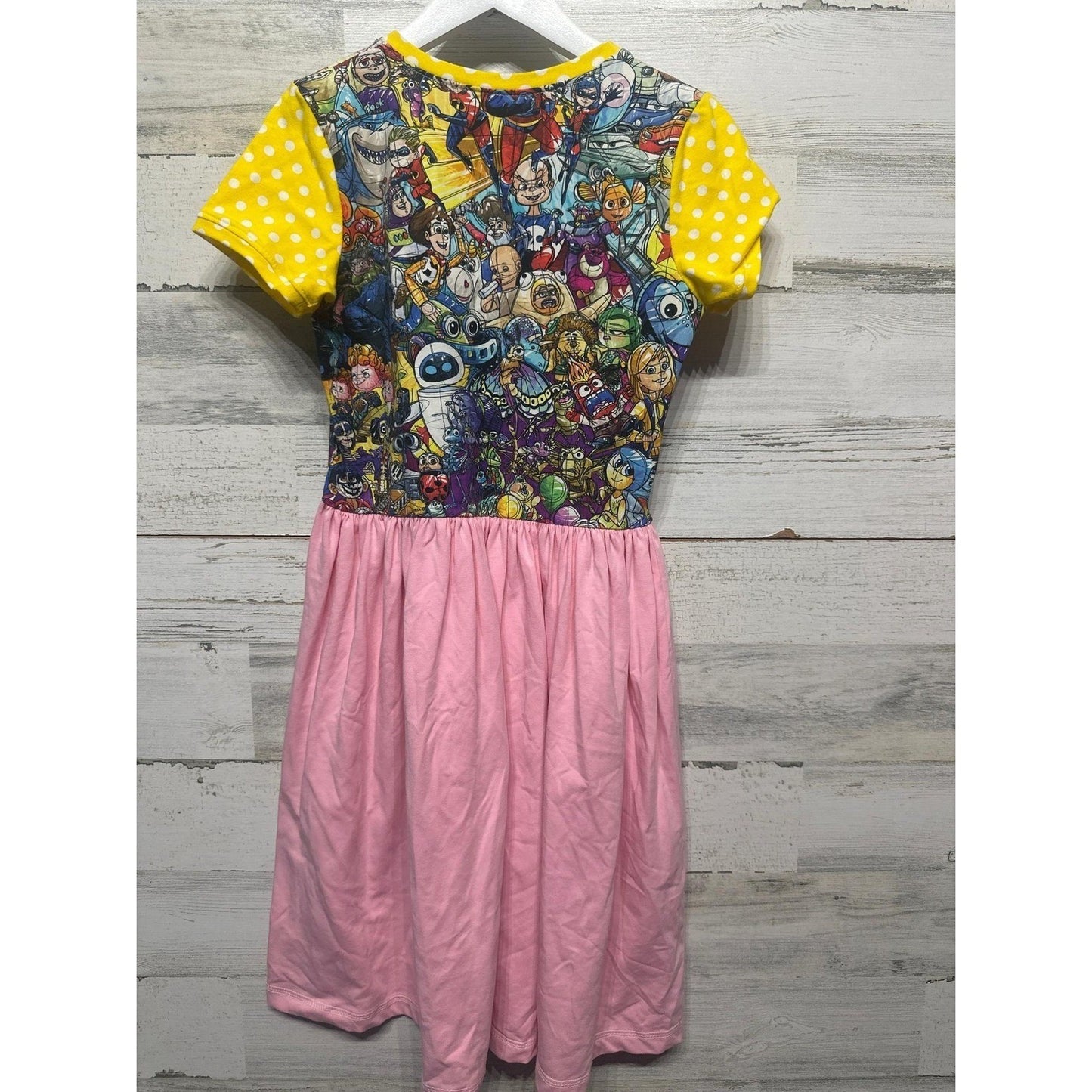 Disney Pixar Mashup Dress Girls 10-12 Pink Yellow Polka Dot Character EUC3