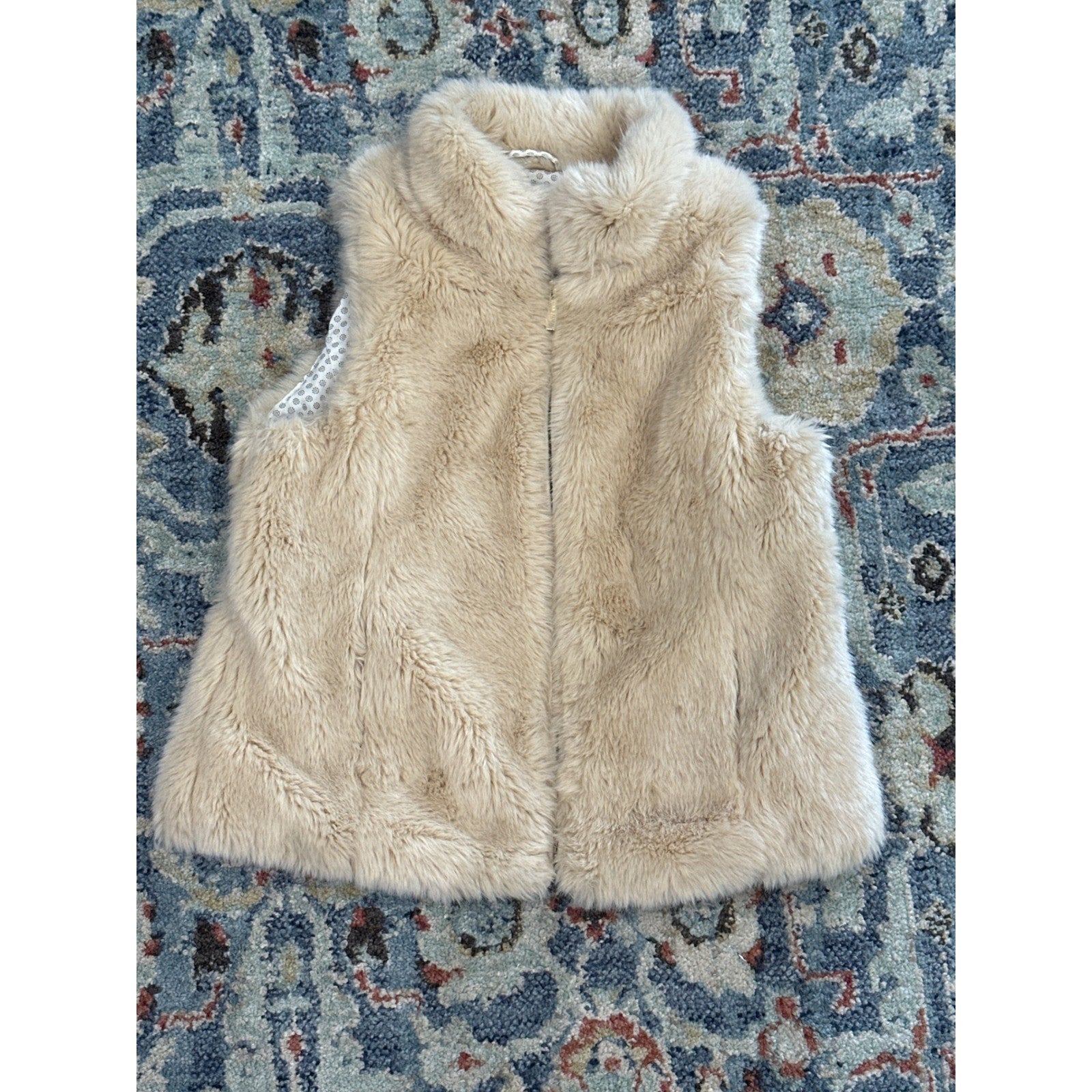 Zara Faux Fur Vest Girls 9/10 Cream Tan Zip Up Polka Dot EUC0