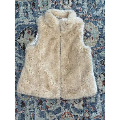 Zara Faux Fur Vest Girls 9/10 Cream Tan Zip Up Polka Dot EUC0