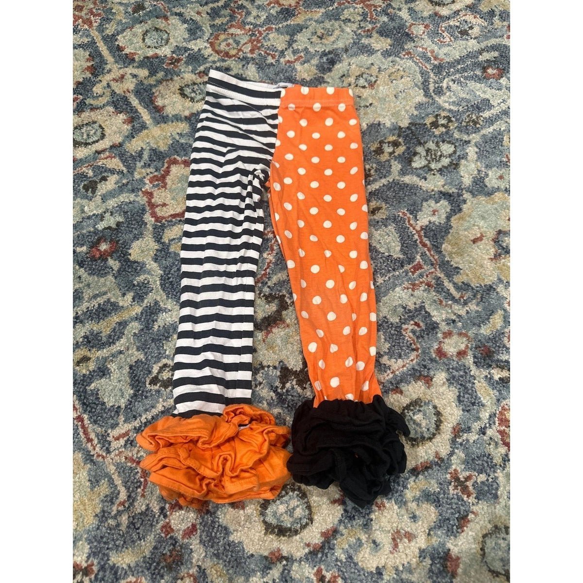 Mud Pie Leggings Girls 4T Orange Black Stripe Polka Dot Ruffle EUC0