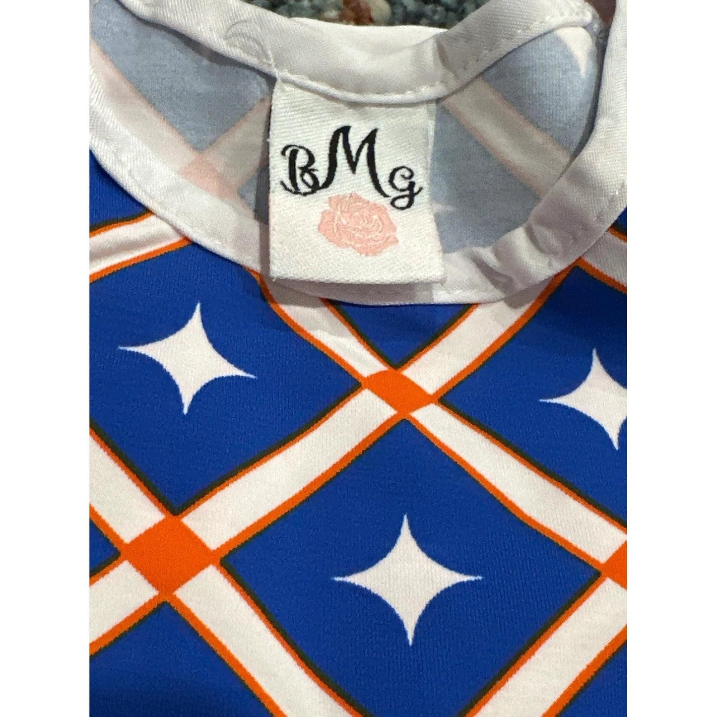 Mia Belle Swimsuit Girls 4T/5Y Blue Orange Geometric Rash Guard Skirt Set EUC2
