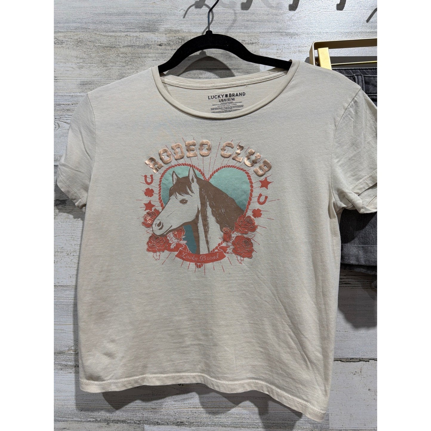Lucky Brand SO Shirt Shorts Set Girls 12/14 Cream Black Horse Rodeo Club EUC1