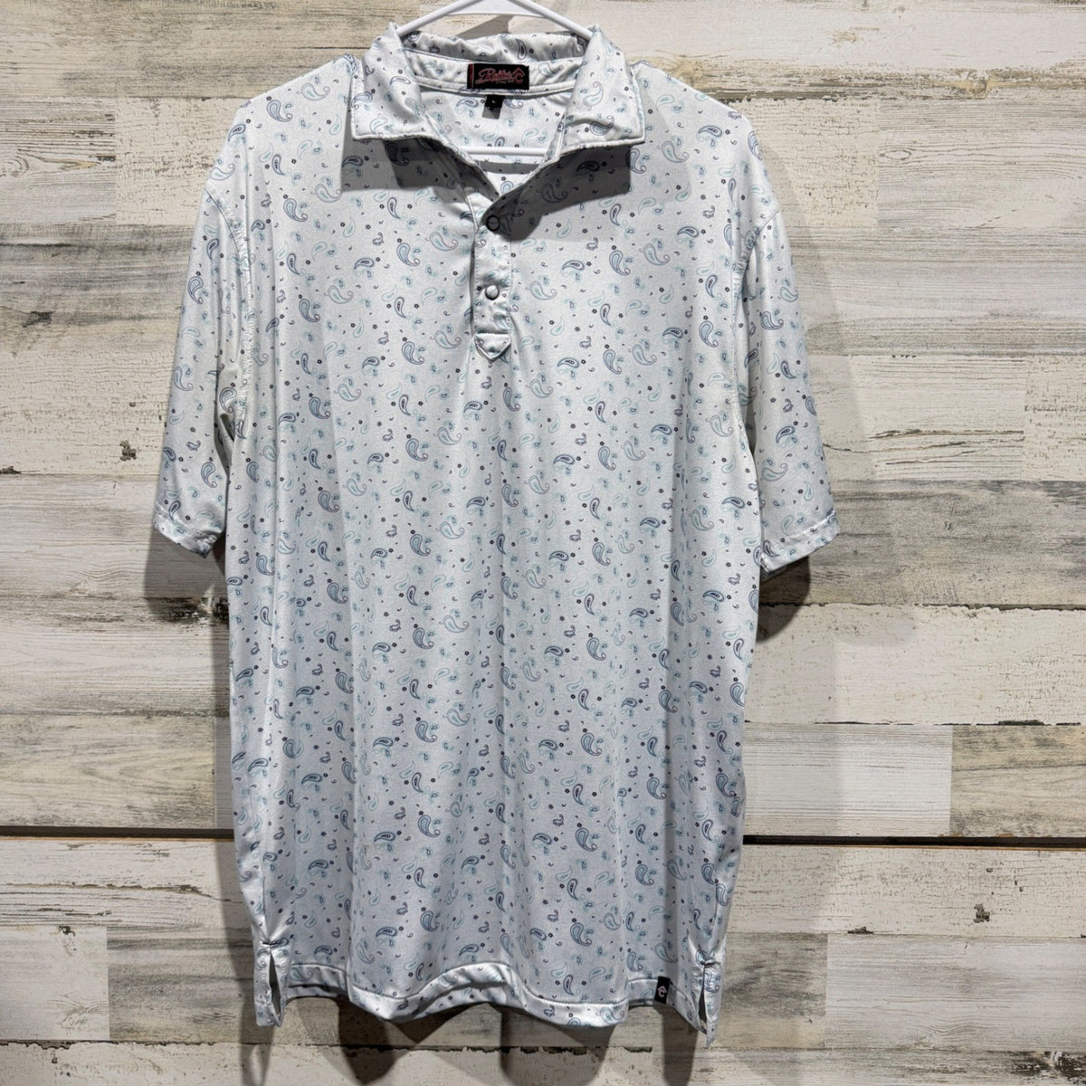 Rafter C Polo Shirt Men Large White Paisley Performance Western *Flawed0