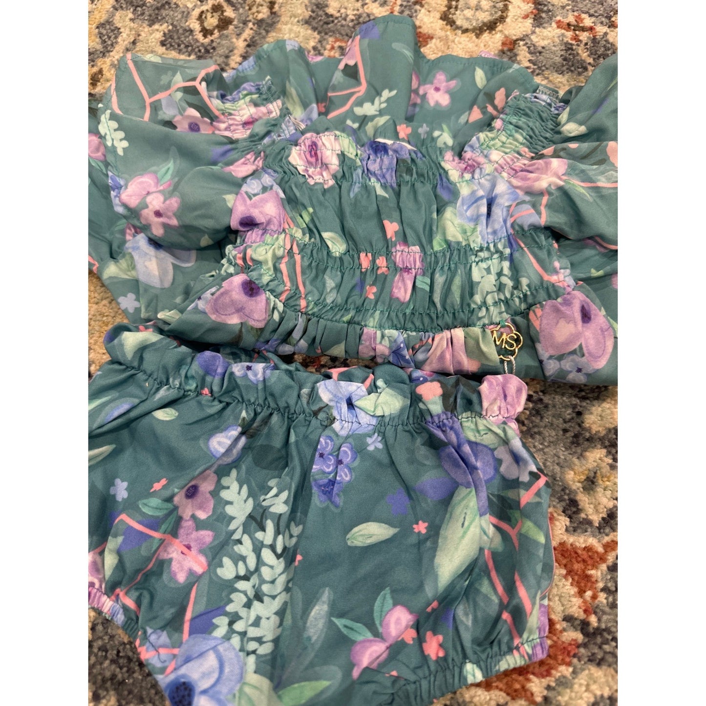 Mon Sucre Floral Dress Set Baby 6-9M Teal Smocked Flutter Sleeve NWT2