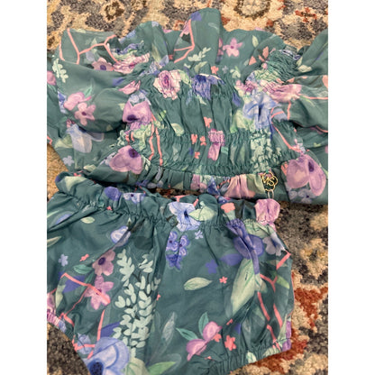 Mon Sucre Floral Dress Set Baby 6-9M Teal Smocked Flutter Sleeve NWT2