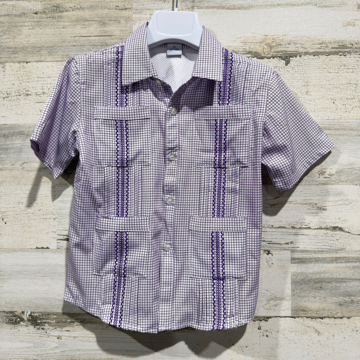 Blue Quail Guayabera Fishing Shirt Boys 4T Purple Plaid  Performance EUC0