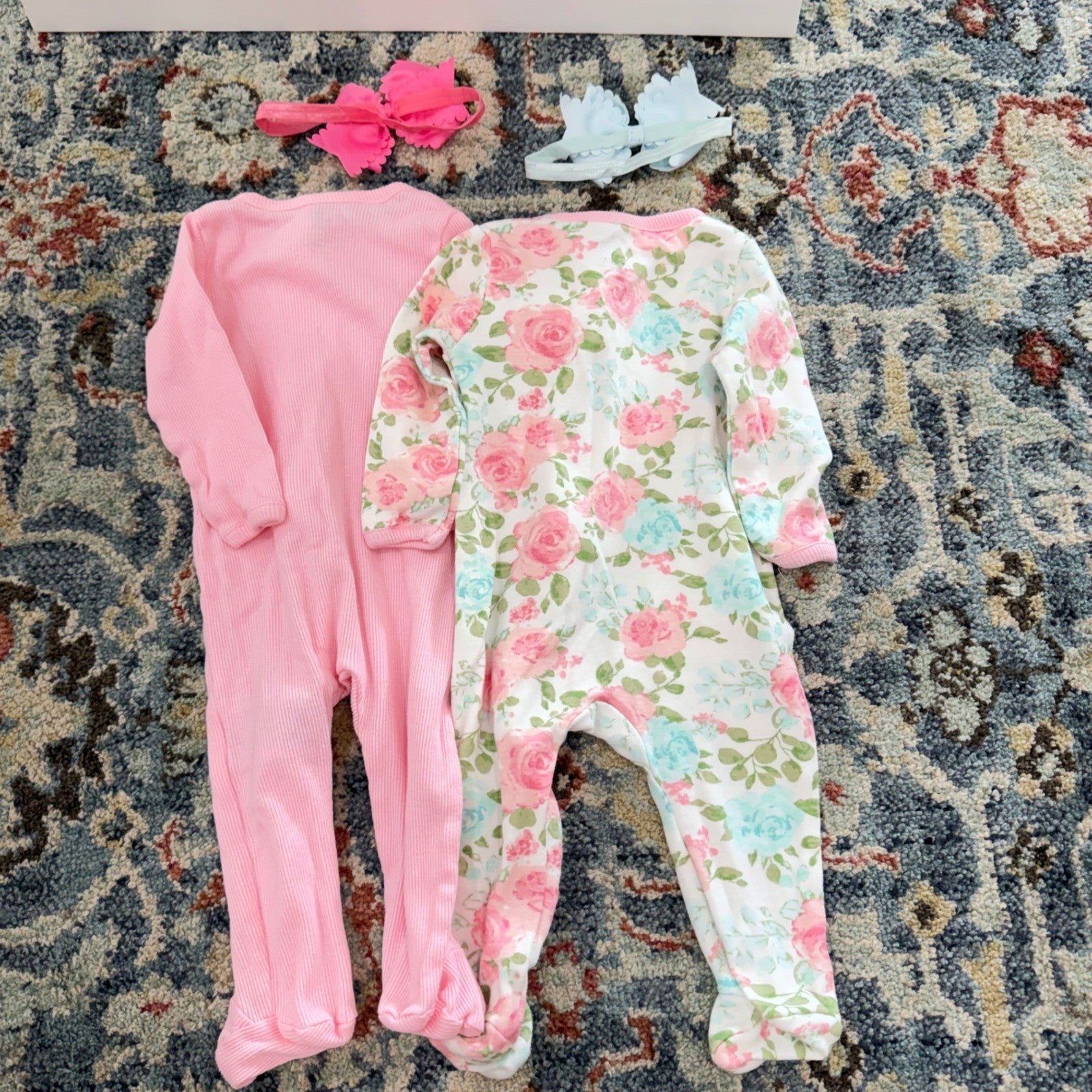 Baby Essentials Footed Romper Girls 6M Pink Floral Ribbed Bows Bundle EUC3