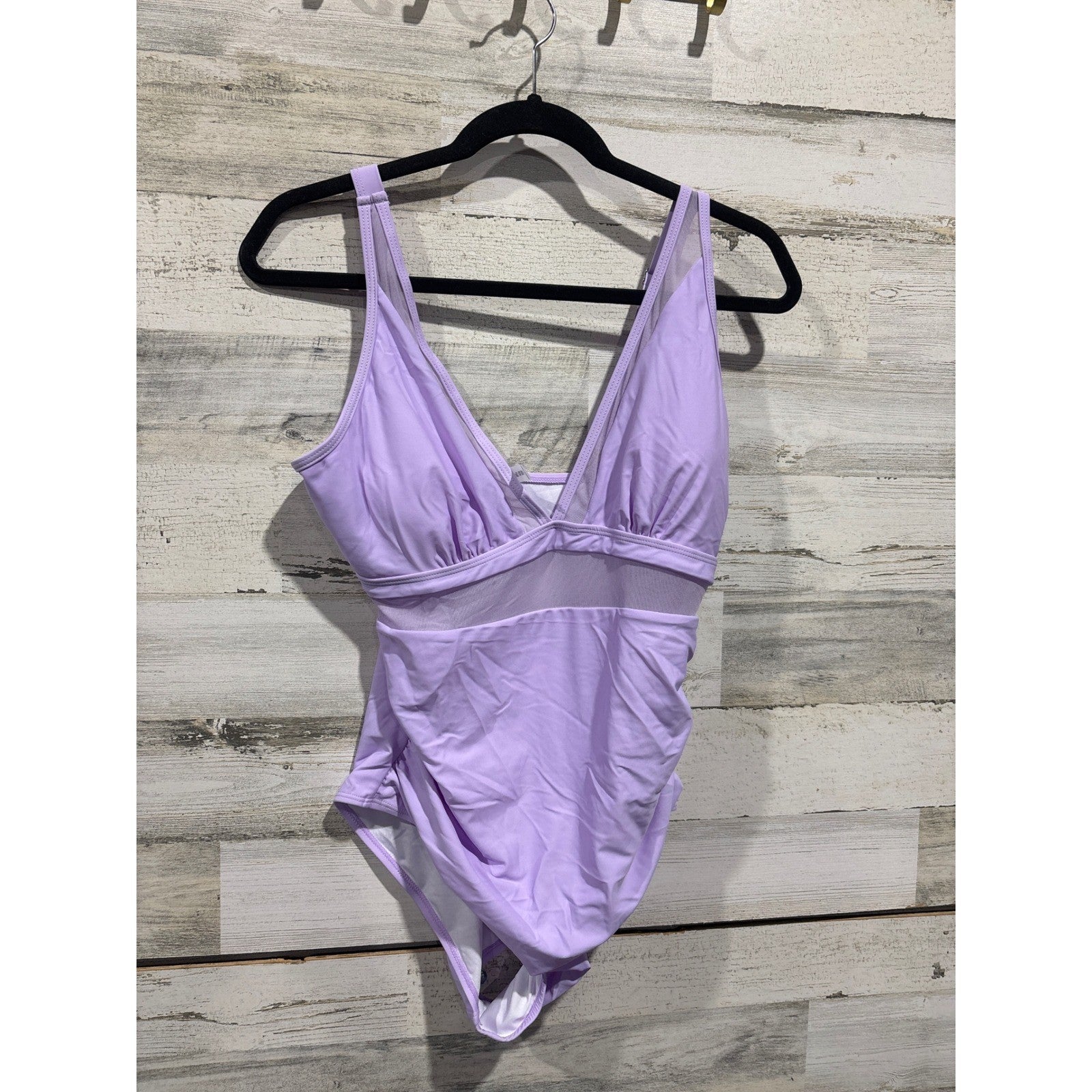 One Piece Swimsuit Women L Purple Mesh Inset Ruched Plunge EUC0