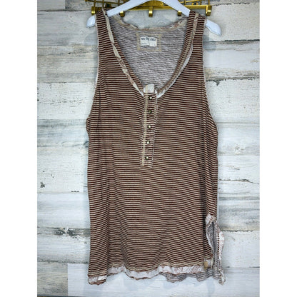 We The Free Henley Tank Top Women Large Brown Striped Thermal Boho Festival0