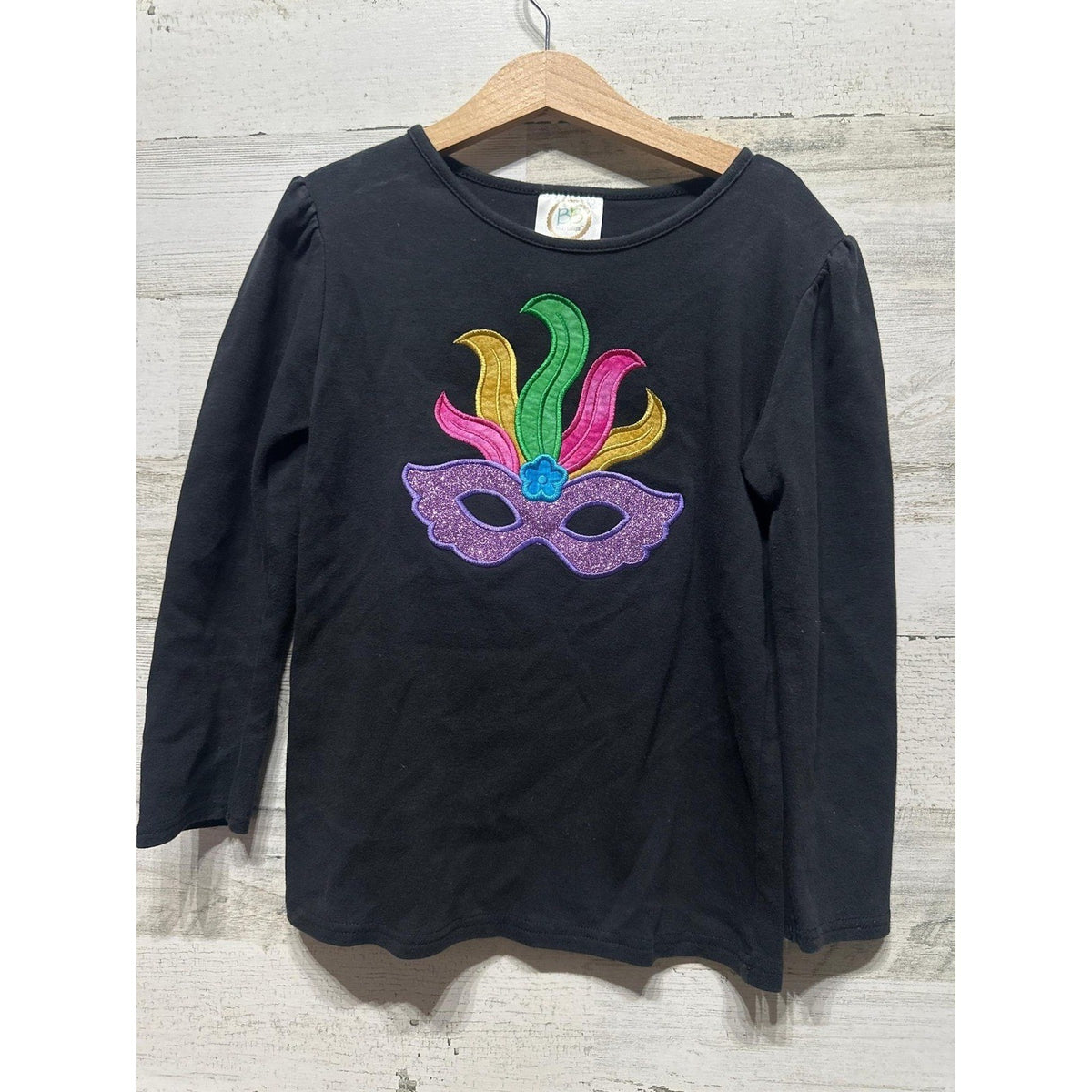 Blanks Boutique Mardi Gras Mask Shirt Girls 10 Black Glitter Applique EUC0