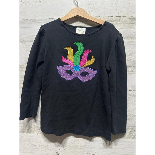 Blanks Boutique Mardi Gras Mask Shirt Girls 10 Black Glitter Applique EUC0