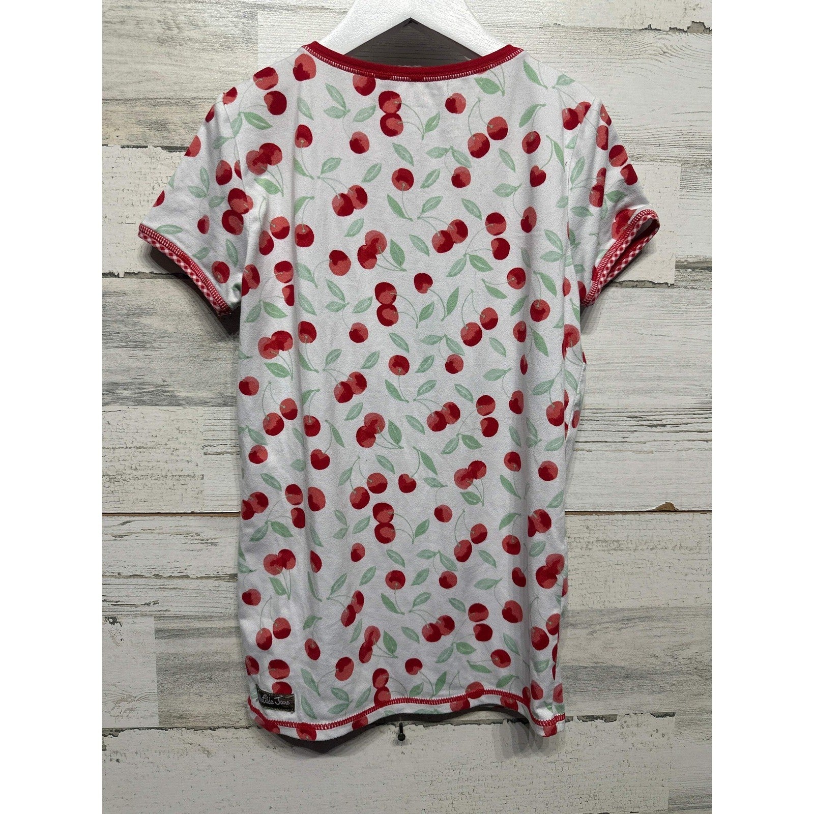 Matilda Jane T-Shirt Girls Size 10 White Red Cherry Print Gingham Cuffs EUC1