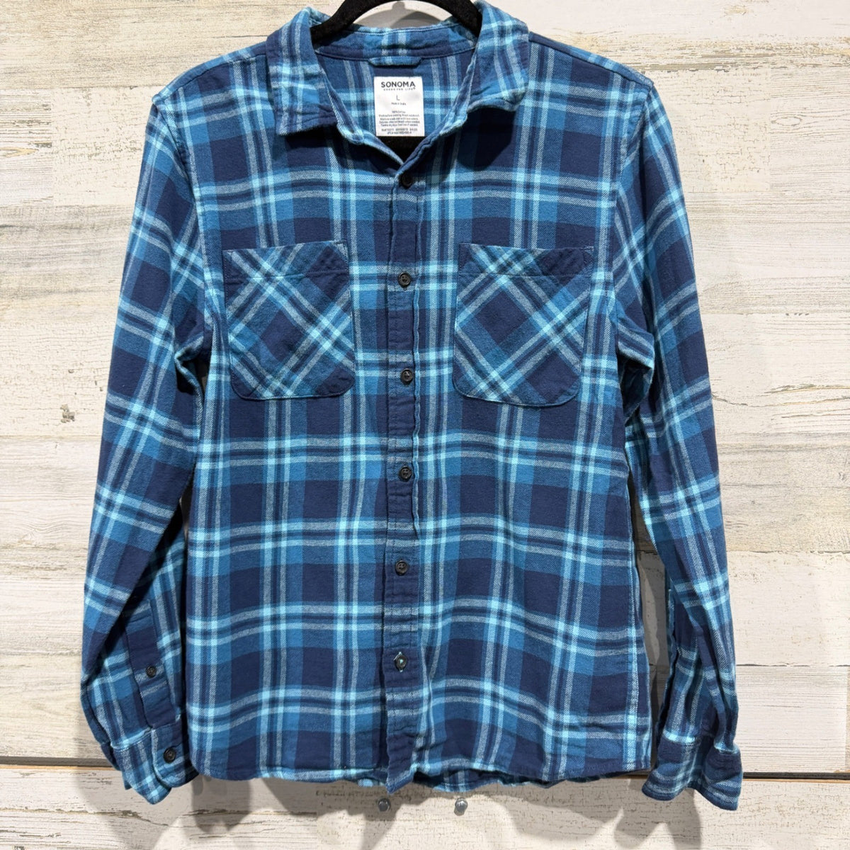 Sonoma Flannel Shirt Boys L Blue Plaid Button Down Fall Winter EUC1