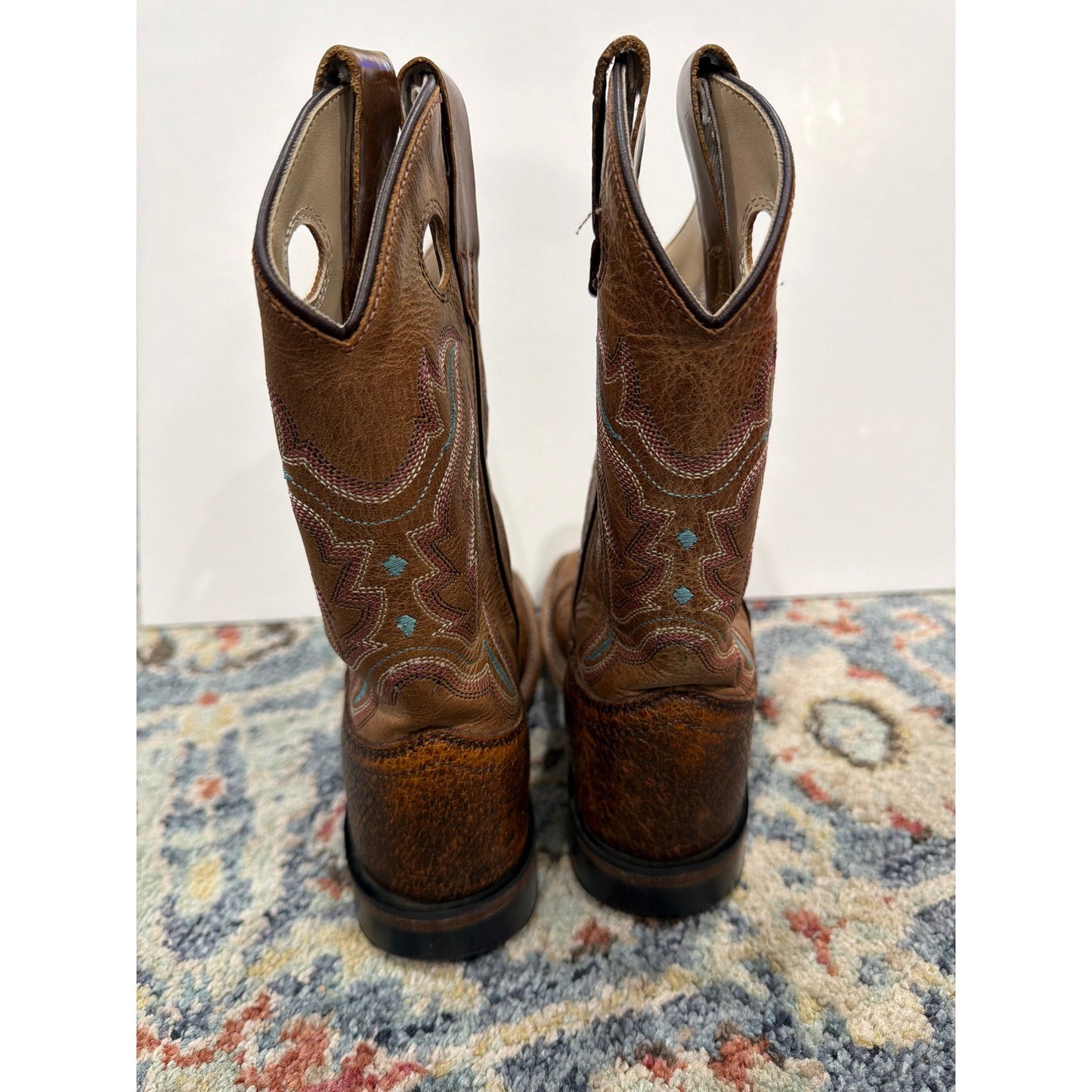 Old West Cowboy Boots Boys Size 13 D Brown Leather Western Square Toe GUC3