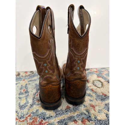 Old West Cowboy Boots Boys Size 13 D Brown Leather Western Square Toe GUC3