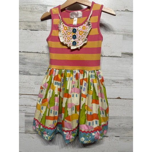 Matilda Jane Dress Girls 4 Pink Orange Striped Village Print EUC0