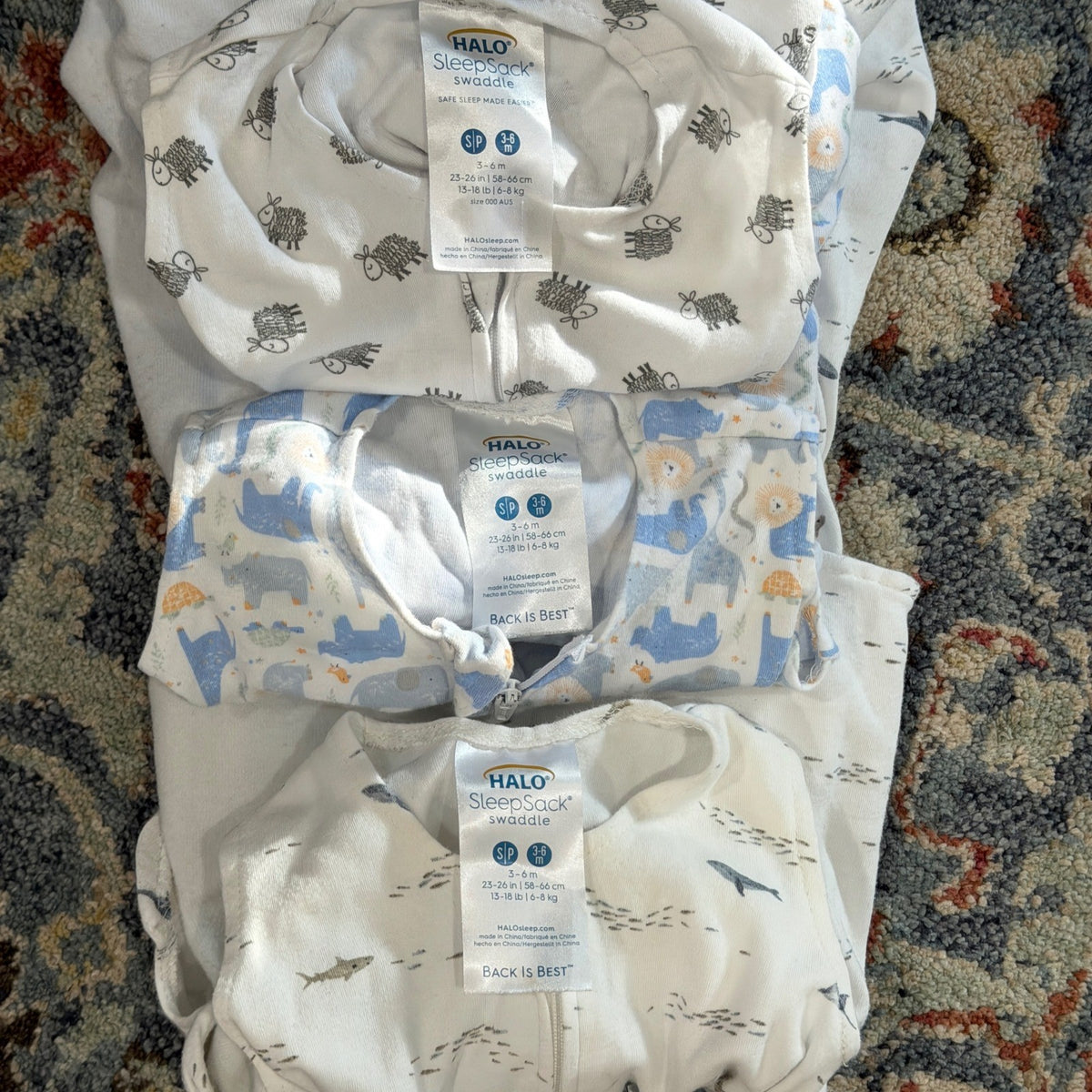 HALO SleepSack Swaddle Boys 3-6M Blue White Animal Whale Sheep Lot 3 GUC2