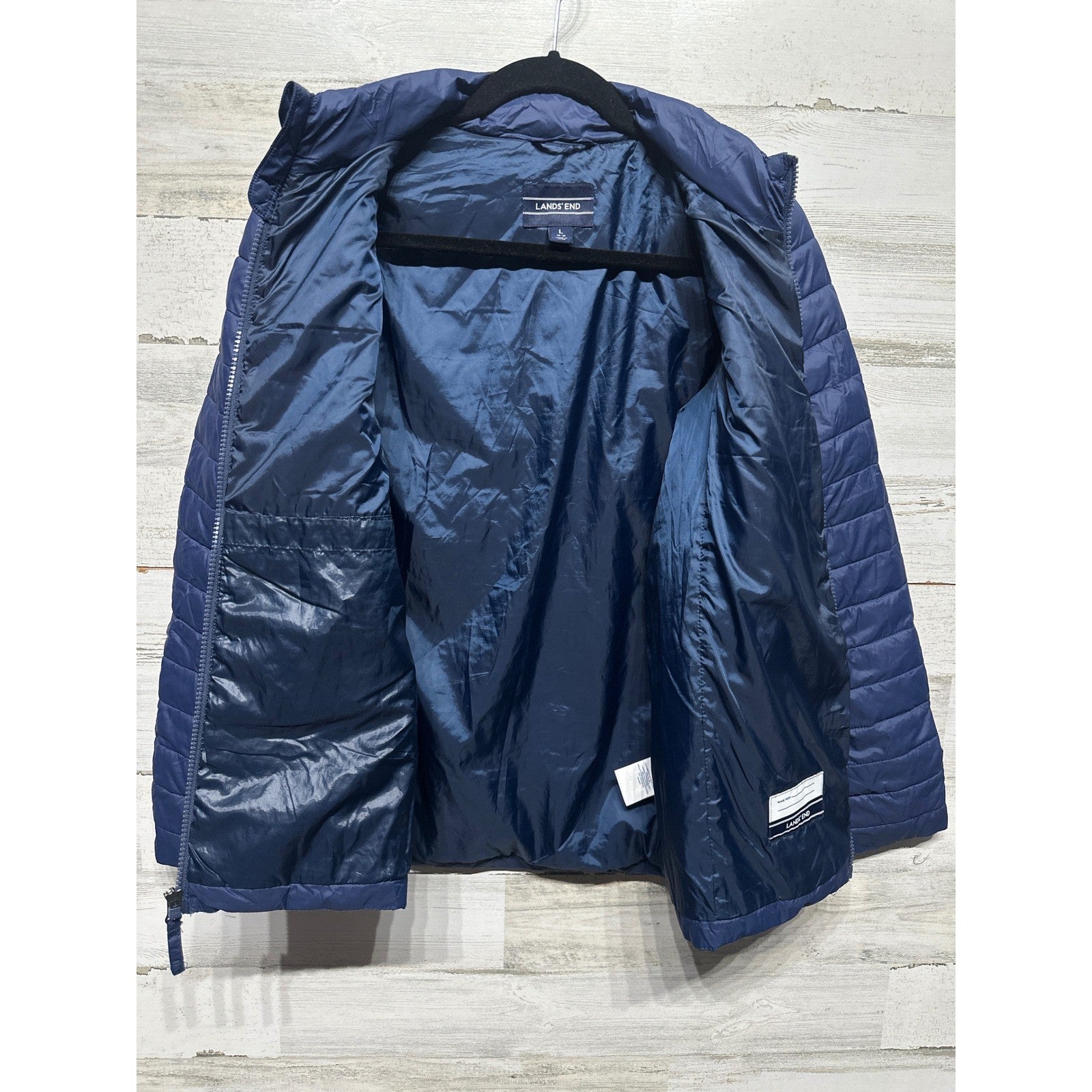 Lands End Puffer Jacket Kids 14-16 Navy Blue Quilted Lightweight EUC2