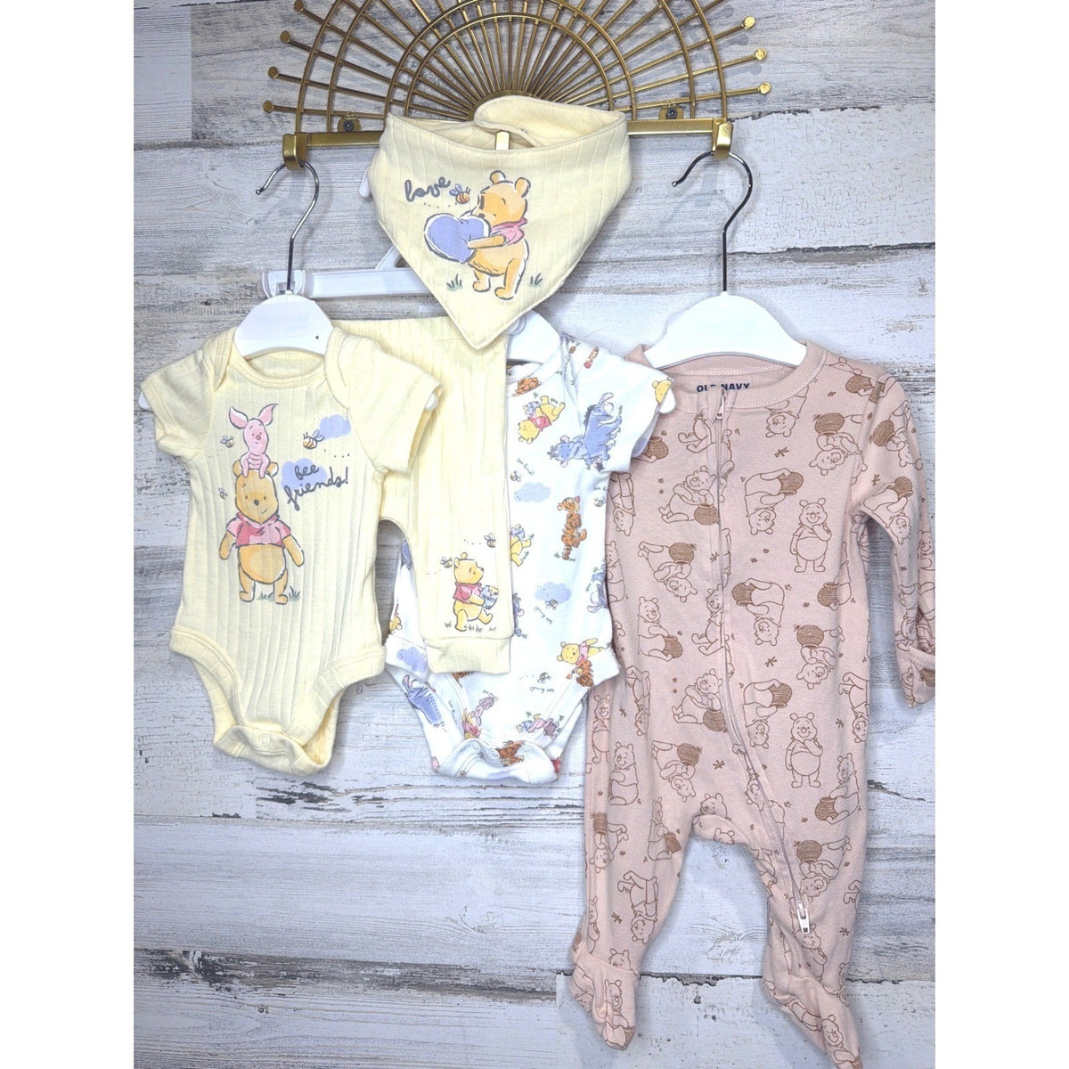 Disney Old Navy Winnie the Pooh Baby Bundle NB 0-3M Yellow Tan Ribbed EUC0