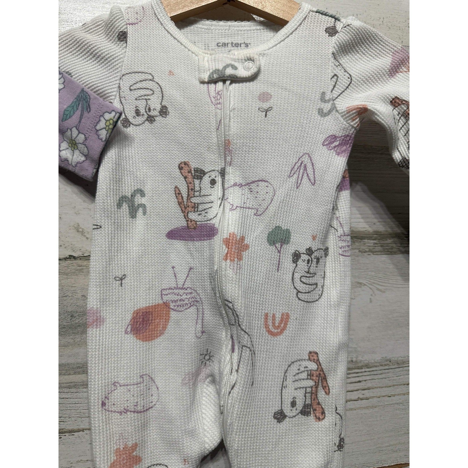 Carter's Footed Sleepers Girls 3M Purple White Floral Animal 2pk EUC2