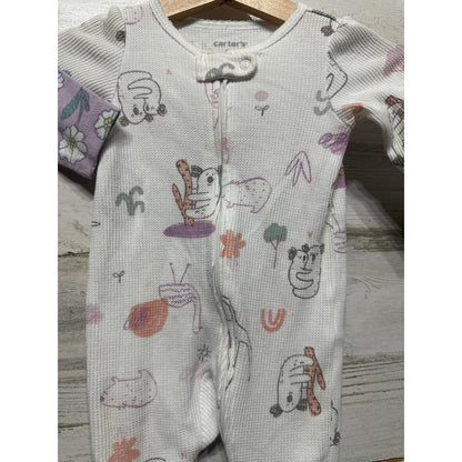 Carter's Footed Sleepers Girls 3M Purple White Floral Animal 2pk EUC2